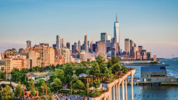 A photograph of Little Island in Chelsea New York. A great public park for walking and relaxing with beautiful views of the Manhattan skyline and Hudson River all around.